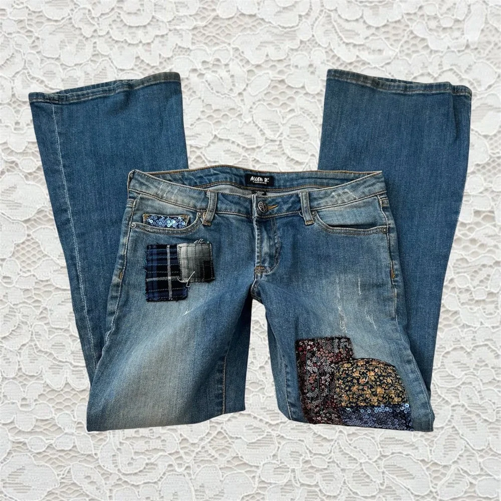vintage allen b low rise patchwork flare jeans